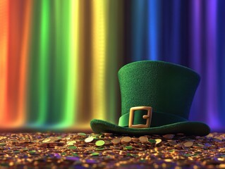 Leprechaun hat resting on gold coins against rainbow background for St Patricks Day celebration still life