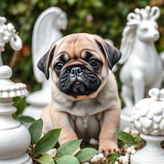 Obraz premium Adorable Pug Puppy Surrounded by White Sculptures