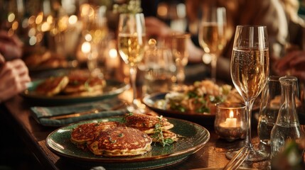 a brunch table scene with multiple green plates holding reddish pancakes, champagne glasses in the background, blurred hands reaching in