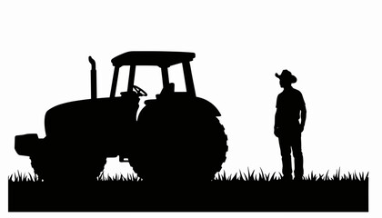Farmer silhouette observing tractor in field, agricultural dedication