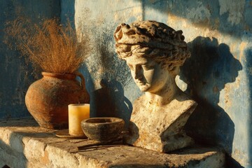 side angle of a console table under soft evening light, pastel candle melting slightly beside an abstract bust, terracotta vase holding dried grass