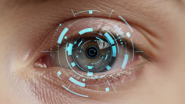 Futuristic eye scan with digital HUD interface animation.