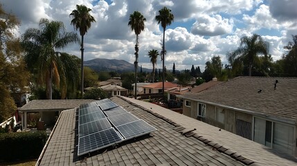 Image from a high angle shows a roof with panels and distant, a mountain, and scattered clouds. Other roofs and trees are visible.