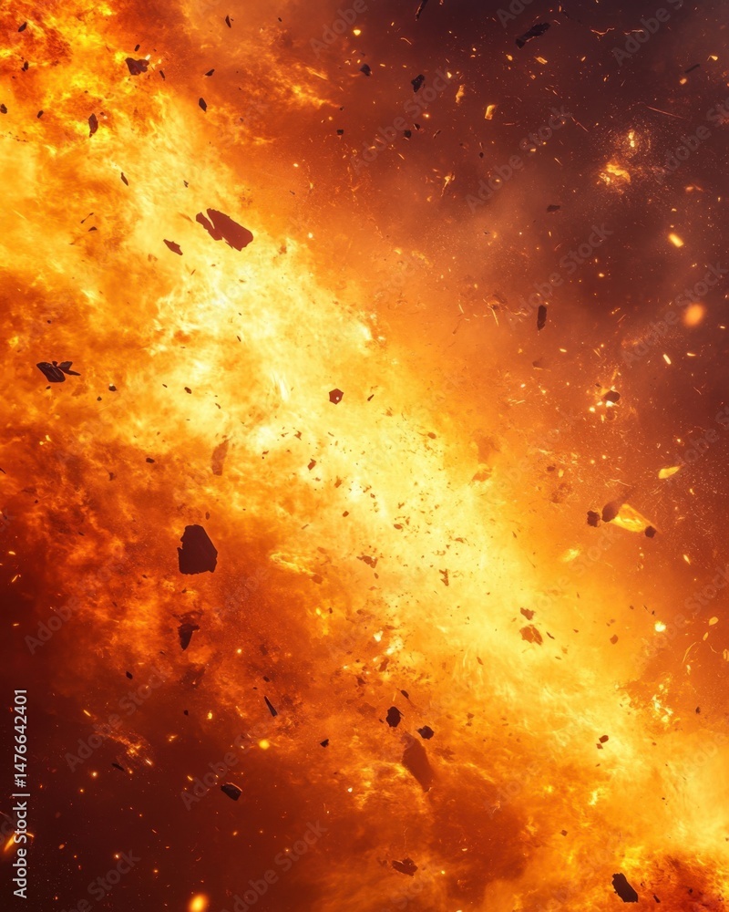Poster fiery explosion with debris soaring through the air in a dynamic vertical composition showcasing des
