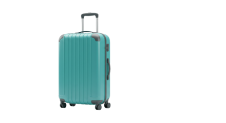 Upright turquoise suitcase stands ready