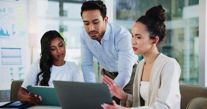 Business people, meeting and shocked in office with laptop, finance feedback or disappointed with profit. Company team, discussion or upset at computer for market crash, bad news or declined proposal