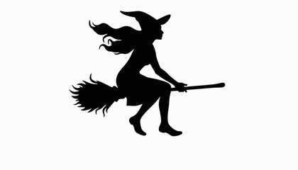 Witch flying on broomstick silhouette against white background, magic