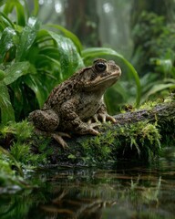 Fototapeta premium Hidden Lives of the Amboli Toad – Camouflage and Survival in the Western Ghats Amboli Toad Resting on Mossy Branch Over Forest Stream in Light Rain