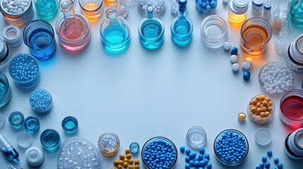 Colorful bottles and jars with various liquids and spheres in scientific arrangement