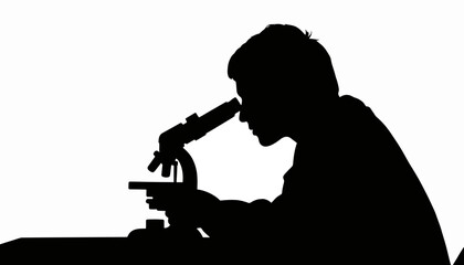 Scientist observing under microscope, silhouette in black and white