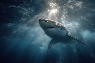 Fototapeta premium Silent Depths: Encounters with the Apex Beneath the Hunter: Shark and Light Beam