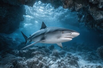 Fototapeta premium Silent Depths: Encounters with the Apex Cave Hunter: Shark in Storm-lit Depths