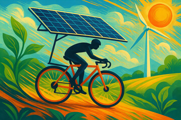 Person rides bicycle powered by solar panels under bright sun with wind turbine in background, symbolizing renewable energy and eco friendly transportation