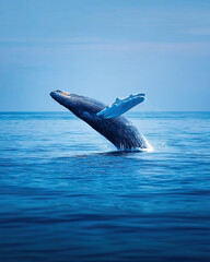 Obraz premium Majestic whale breaching calm ocean surface with water splashing around, showcasing power and grace of marine life in serene blue seascape