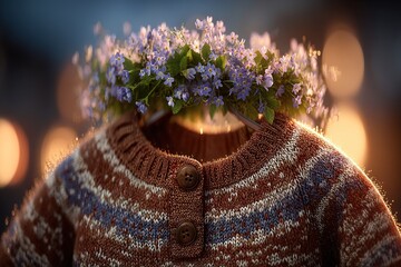 Traditional Icelandic wool sweater with intricate patterns and wildflower wreath, celebrating national heritage and nature's beauty.