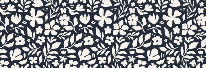 Seamless floral pattern with abstract black flowers, leaves, and botanical elements on a white background. Trendy modern design for fabric, wallpaper, wrapping paper, and digital projects. Vector