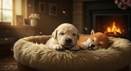 Two sleepy puppies in cozy bed