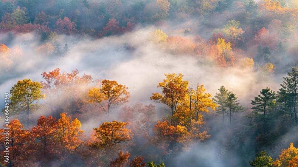 Poster aerial view of autumn forest landscape with colorful trees and fog creating a misty atmosphere in th