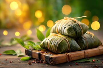 Traditional zongzi on wooden tray with mugwort leaves, celebrating Dragon Boat Festival's rich cultural heritage.