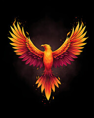 Fototapeta premium Mythical phoenix with vibrant fiery feathers spreads its wings wide, rising powerfully from ashes with flames and glowing embers, symbolizing rebirth and strength