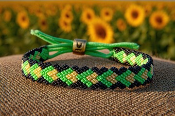 Beaded bracelet in green, black, and gold on woven fabric, symbolizing South African Youth Day pride and heritage.