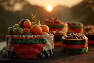 Traditional woven baskets filled with cashews and tropical fruits, adorned with red and green ribbons. Celebrating Mozambique's Independence Day wi
