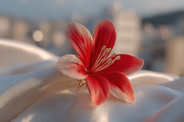 Close-up of a red bauhinia brooch on silk, golden light on petals, festive city backdrop - celebrating Hong Kong's establishment day with elegance.