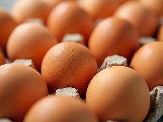 Brown chicken eggs in a grey cardboard container, closeup shot highlighting fresh, natural food ingredients for healthy breakfast or cooking.