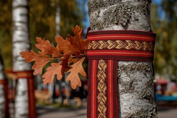 Traditional Lithuanian linen sash with amber accents on oak leaves, symbolizing heritage and national pride.
