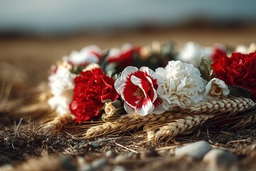 Close-up of Belarusian white-red-white floral wreath with wheat stalks glowing in golden hour light