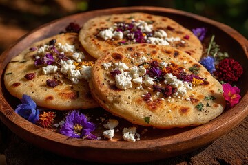 Traditional arepas with yellow corn and white cheese, celebrating Venezuela's Independence Day with festive red and blue floral decorations.