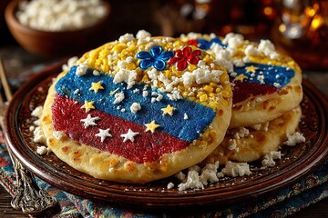 Traditional arepas with yellow corn and white cheese, celebrating Venezuela's Independence Day with festive red and blue floral decorations.