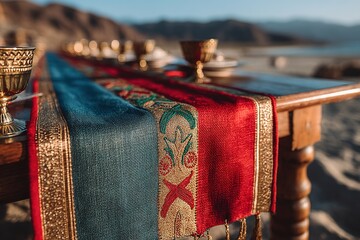 Close-up of Djibouti's tricolor sash with intricate embroidery glowing in golden light