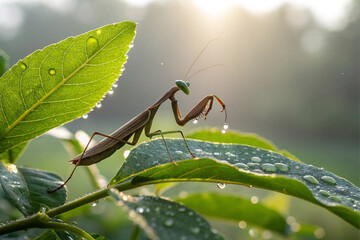 A green praying mantis, an insect and predator, rests on a leaf in a macro closeup