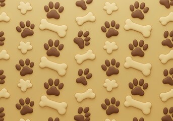 Obraz premium Paw Prints & Bones Pattern, Beige Background