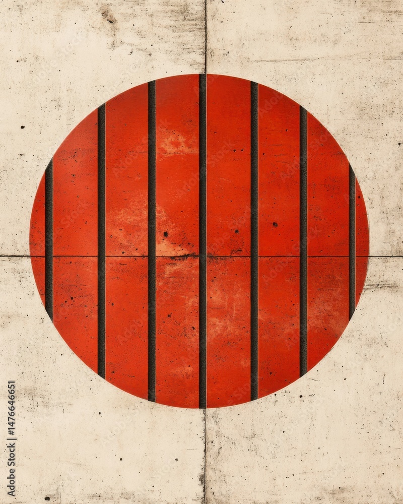 Poster abstract red circle with vertical bars on textured background close up creative graphic design