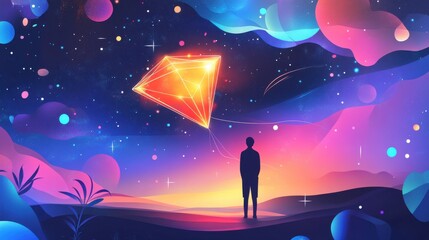 Naklejka premium Silhouette gazing at floating diamond-shaped crystal in a cosmic fantasy landscape