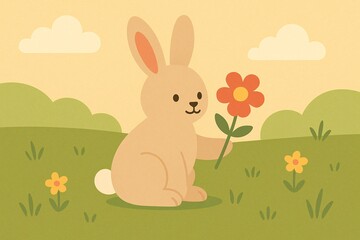 Fototapeta premium Cute Bunny Cartoon with Flower - Whimsical Springtime Illustration