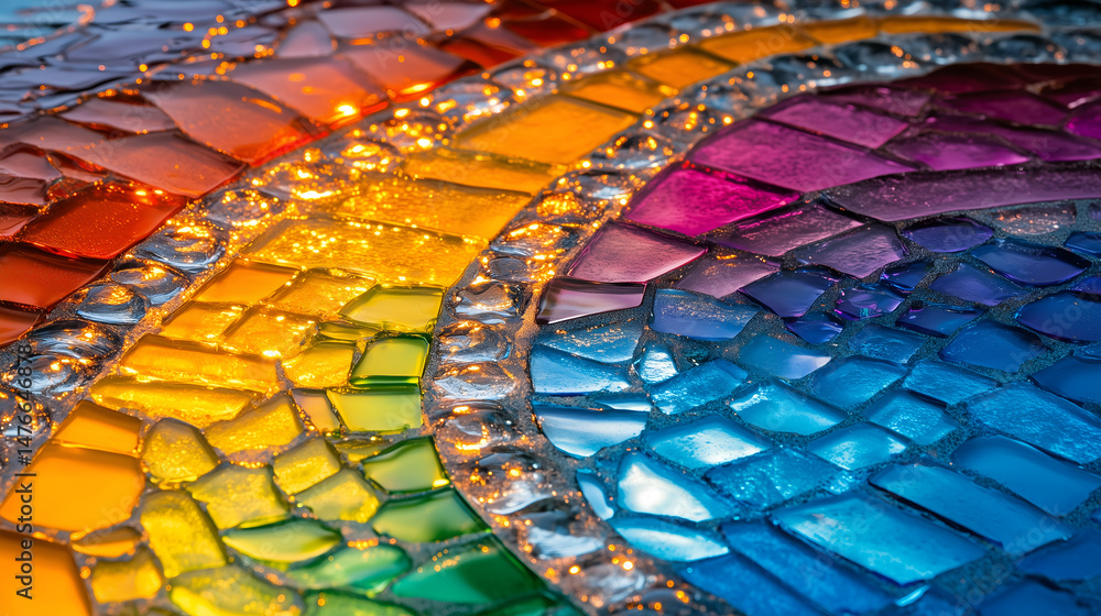 Aufkleber a vibrant and intricate mosaic of colorful glass pieces forms a curved rainbow pattern. the mosaic i
