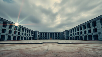  Deserted Brutalist University Campus" A vast, empty campus made of harsh concrete blocks and sharp lines, weathered by time and sandstorms, under a bleak gray sky. created by generative ai