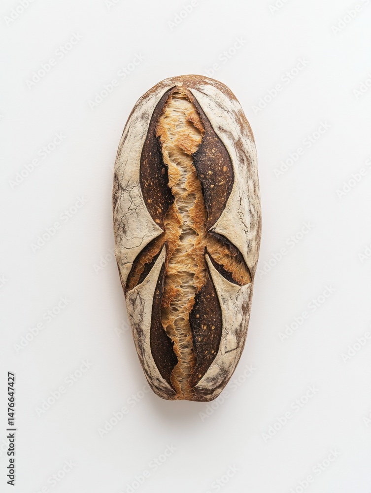 Poster overhead studio shot of a single loaf of crusty sourdough bread on a white background showing scorin