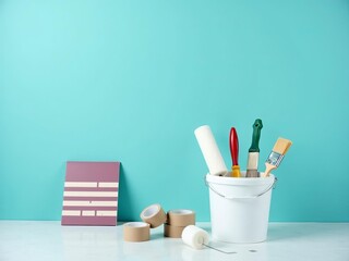 Art supplies and painting tools including brushes, rollers, paint swatches, and tape arranged with a bucket against a bright teal background.