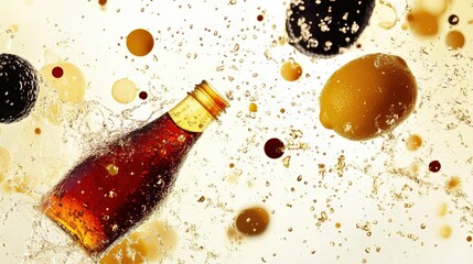 Dynamic splash of beverage with citrus fruits and bubbles in motion