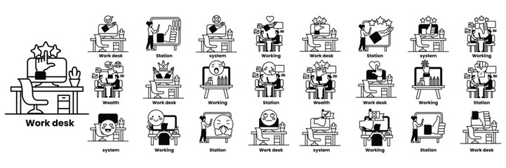 A series of cartoon images of people working at a desk in line drawing style