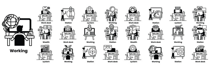 A series of images of people working at a desk in line drawing style