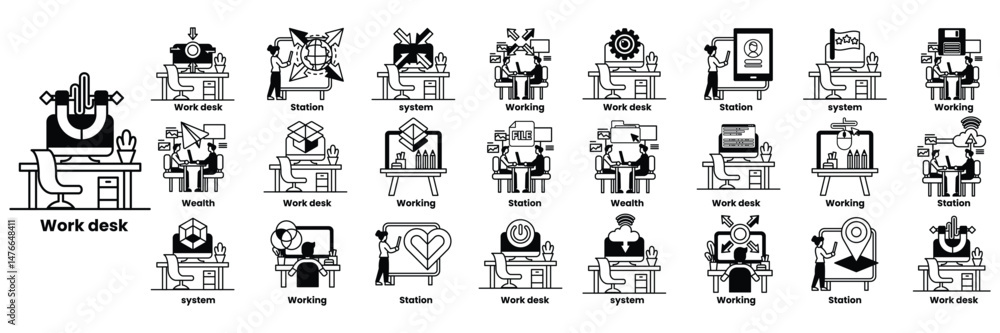 Poster a series of images depicting various work environments in line drawing style