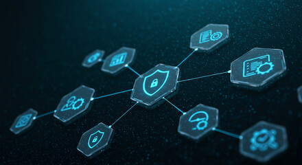 Network security illustrated with a central shield icon connected to various other digital service icons. Protection of digital data.