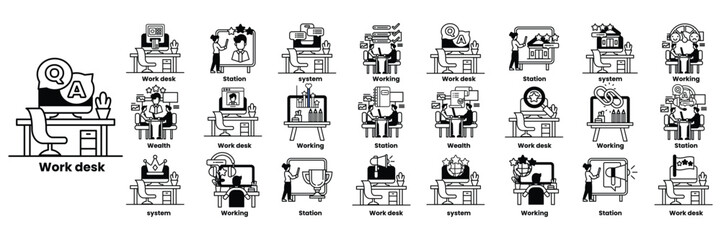 A series of images of people working at a desk in line drawing style