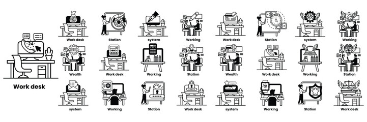 A series of images of people working at a desk in line drawing style