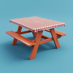 A red and white checkered tablecloth draped over a picnic table set against a light blue background creates a scene perfect for outdoor and summer themes